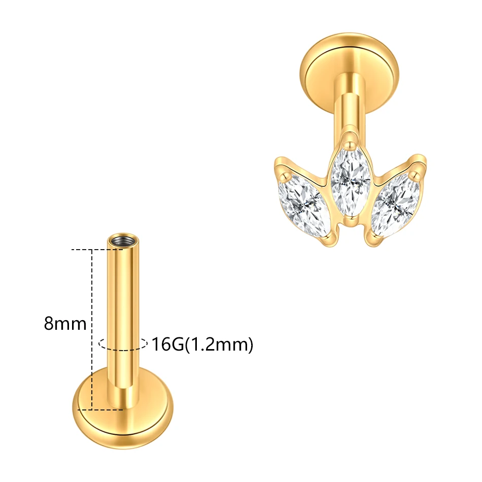 1pcs Titanium 3 Marquise CZ Top Stud Earrings Internally Threaded Flat Back Cartilage Labret Monroe Piercing Body Jewelry