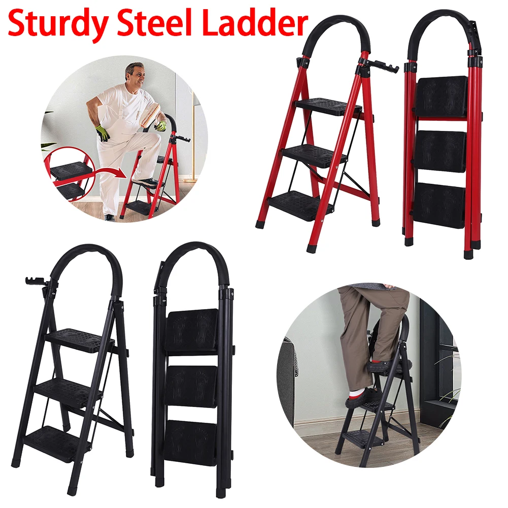 

Складная лестница, 3-ступенчатая стальная многофункциональная переносная лестница, противоскользящая, устойчивая, бытовая, с полкой для хранения, для дома