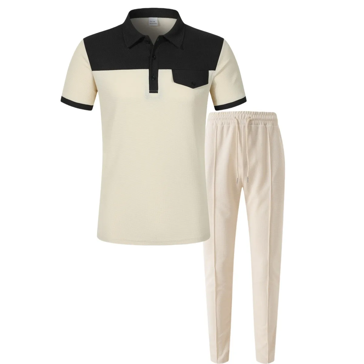 2025 Men's new Waffle color patchwork lapel button polo shirt short sleeve shirt solid color trousers two men's suit