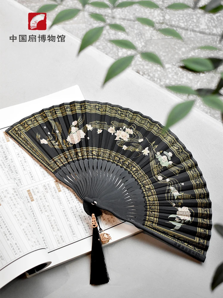 Chinese Fan Fengming Flower Blossoming Folding Fan Hollow Fragrant Bag Tassel Pendant Hangzhou Cultural and Creative Fan