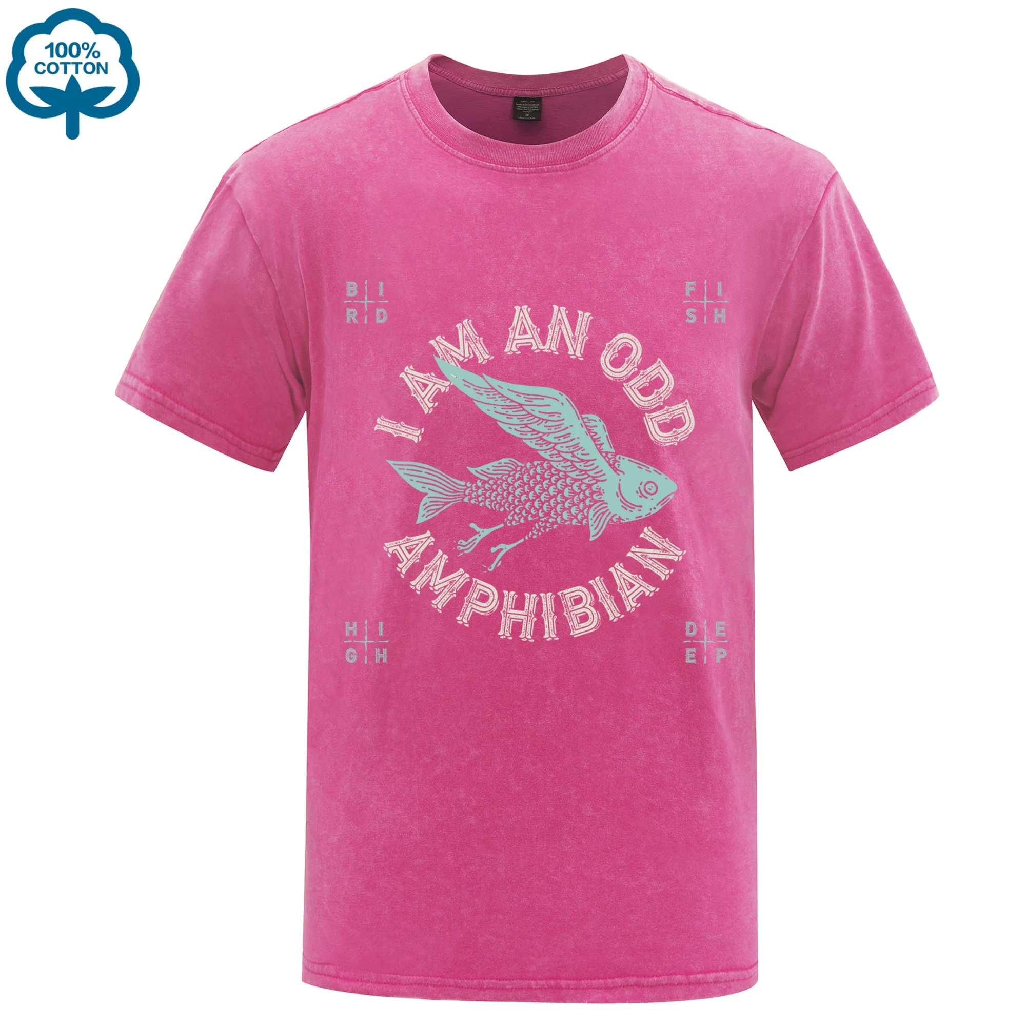 

I Am An Odd Amphibian Winged Fish Pattern Washed T-Shirts Men Oversized Casual T Shirt Sport Crewneck Top Cotton Summer Clothes