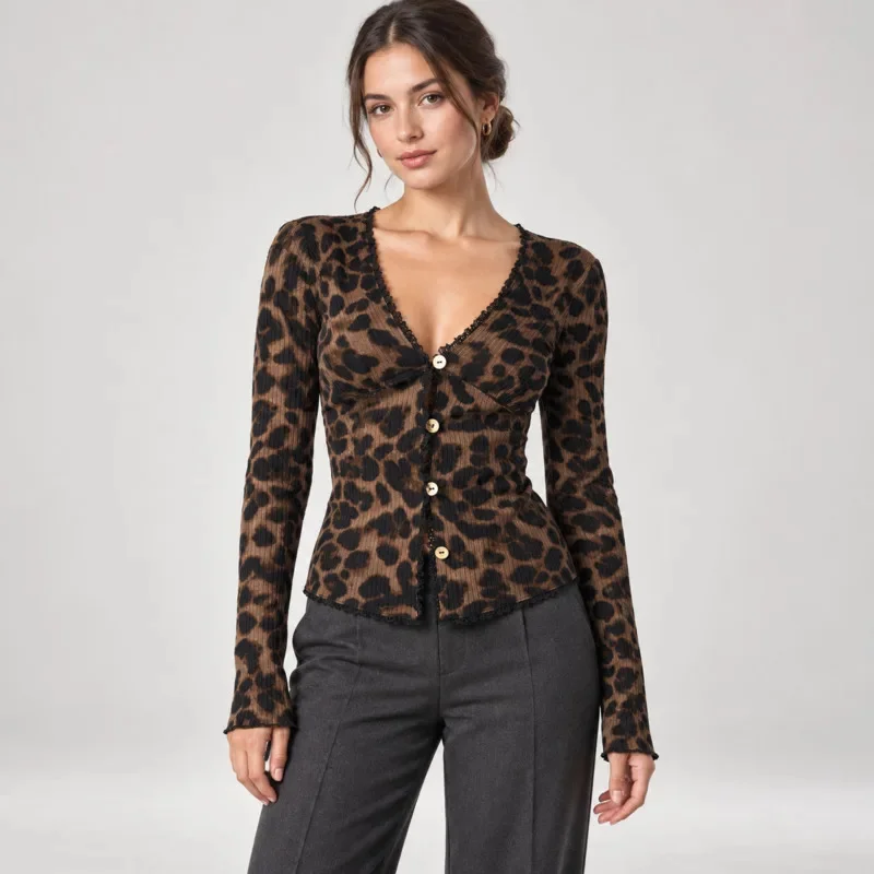 Women Leopard Print Cardigan V Neck Long Sleeve Button Up Slim Fit Ribbed Knit Top Y2K Streetwear Fashion Tops Autumn