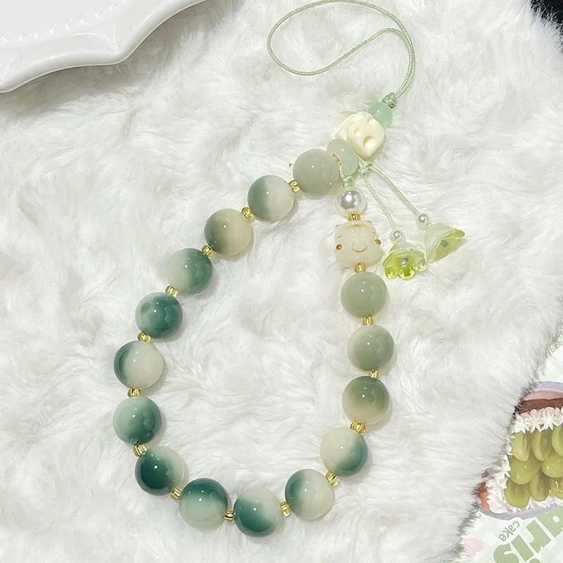 Green Floating Pattern Multi-Treasure Bodhi Phone Chain: Lily of the Valley Pendant & Fortune Cat Wrist Lanyard, Women's Gift