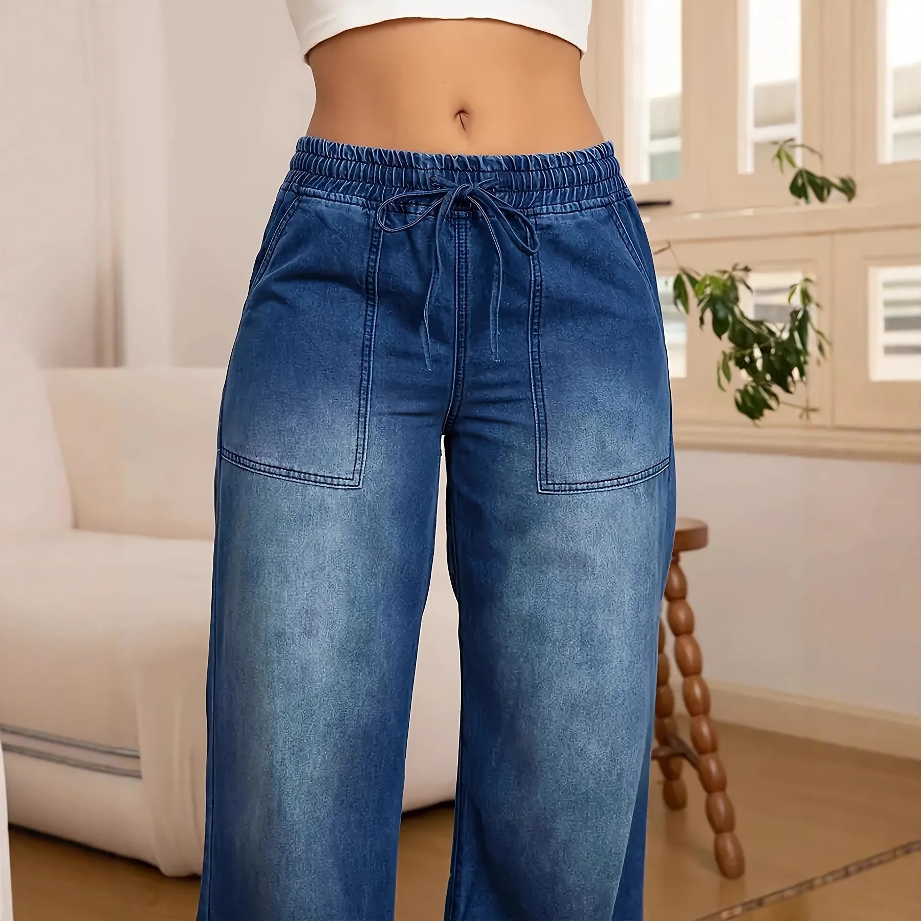 Women Baggy Jeans Cotton Drawstring Waist Denim Pants Wide Leg Washed Finish Denim Trousers Mid Rise Blue Straight Cut Jeans