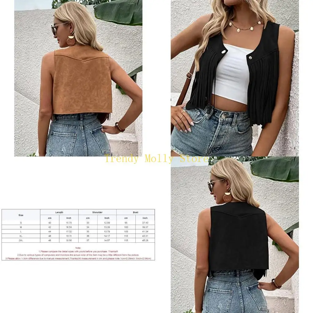 

N5KB Women's Tassels Sleeveless Vest 70s Hippie Faux Suedes Fringe Jackets Cardigan