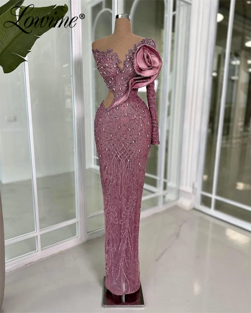 2024 Robe One Shoulder Flower Pink Party Dress Mermaid Lace Beads Arabic Evening Dress Customize Wedding Party Dress Long Sleeve