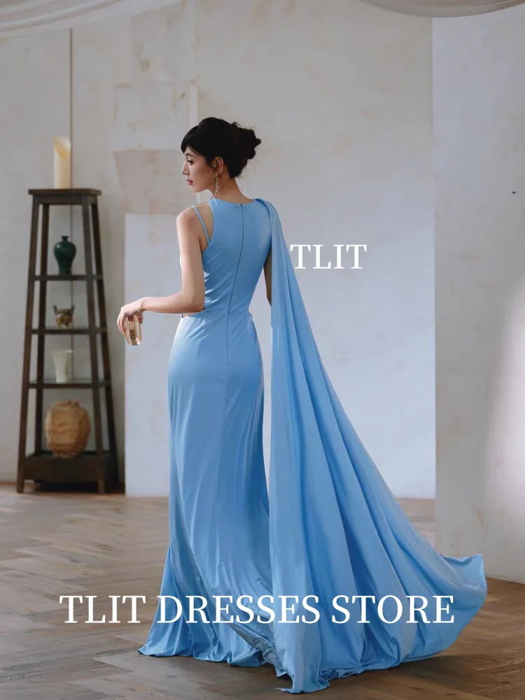 TLIT elegante hemelsblauwe elastische satijnen avondjurken Korea fotoshoot op maat gemaakte O-hals hoge zijsplit lange sjaal galajurken