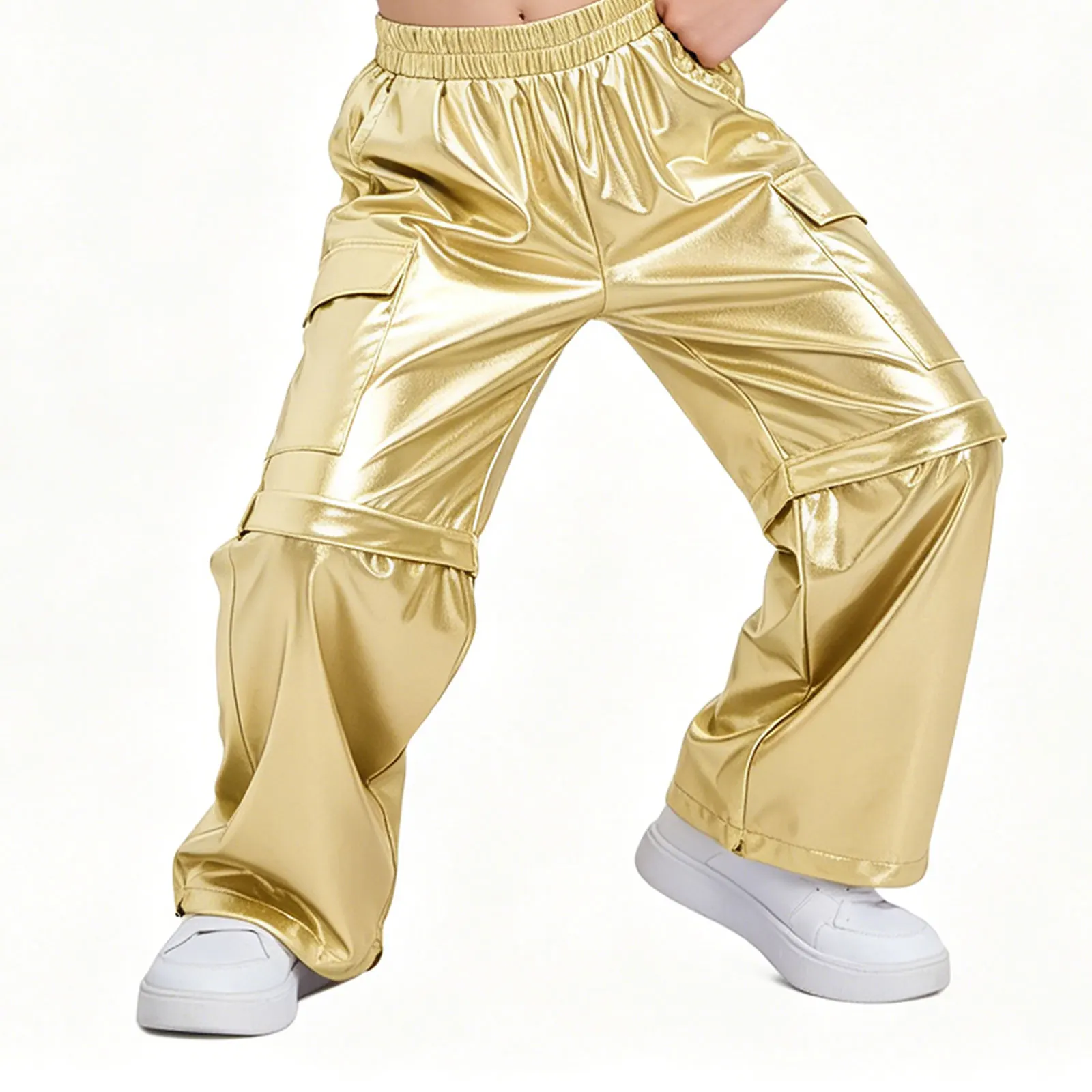 

Hip Hop Boys Metallic Cargo Pants Zip-Off Shiny Cargo Pants Girls Streetwear Kids Street Dance Shorts Costume Child Jazz Clothes