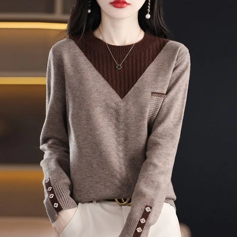 Autumn Winter Women\'s Clothing Pullover Solid Color Sweater Knitted Long Sleeve Casual Office Lady Fake Two Pieces Korean Tops