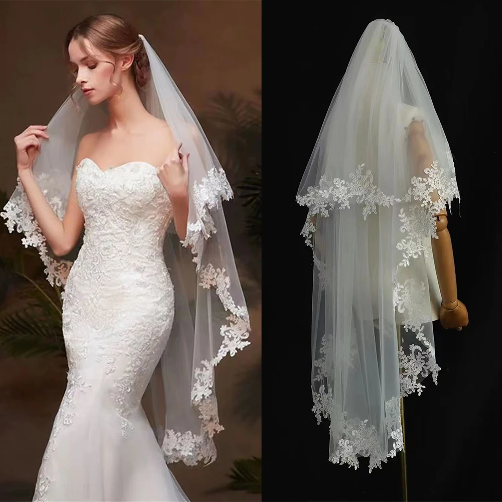 

European Vintage Wedding Veil Lace Edge Long Luxurious Bridal Veil White Tulle Cathedral Double Layers Bride Hair Accessorie