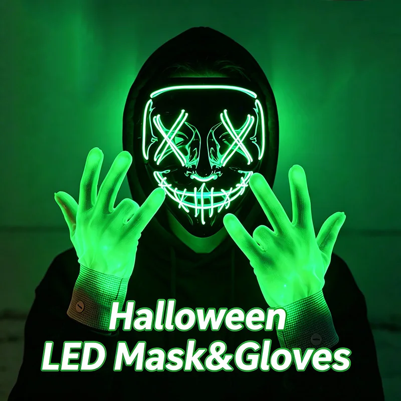 Bezprzewodowa maska LED Neon Purge i rękawice z włóknami optycznymi, straszna maska świecąca w ciemności na Halloween, karnawał, cosplay, do baru, na przyjęcie urodzinowe.