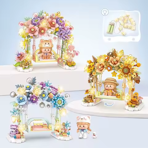 Idea Romantic Flower Swing Mini Block Model Girl Figures Building Bricks Construction Toys Collection With Light For Gift