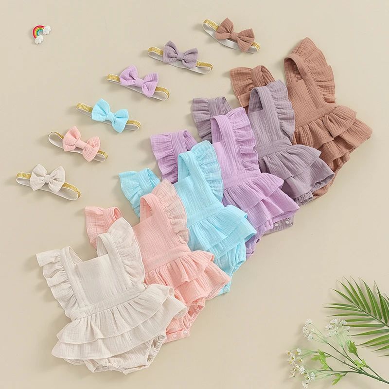 

Tregren 0-18M Infant Baby Girl Rompers Dress Solid Color Square Neck Fly Sleeve Skirt Hem Bodysuits and Headband Summer Clothes