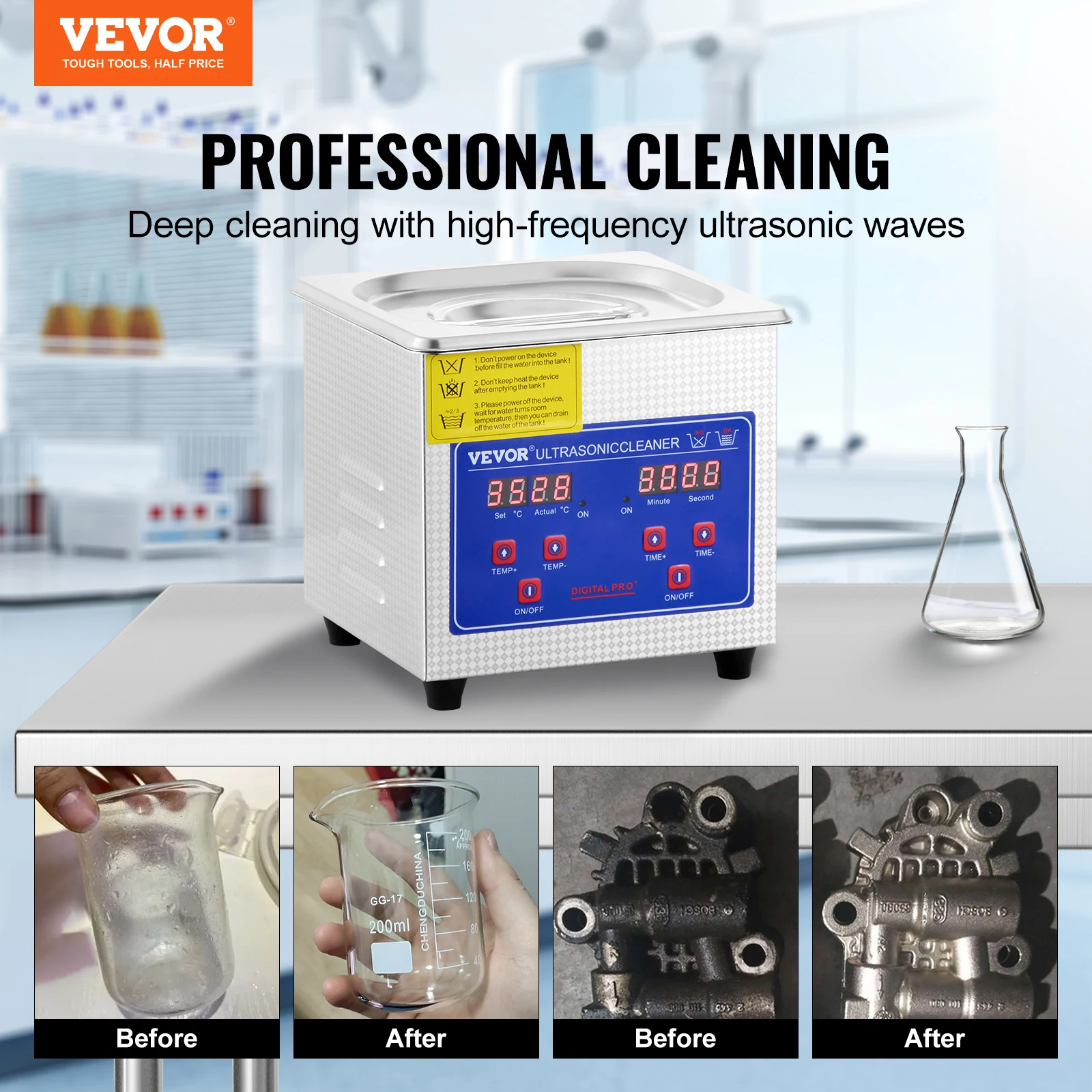 VEVOR mesin pembersih ultrasonik 1,3 l, mesin pembersih ultrasonik Stainless Steel, Timer pemanas Digital, Pembersih perhiasan untuk rumah