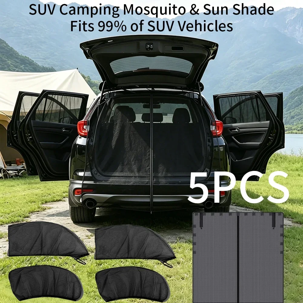Conjunto de 5 Redes Mosquiteiras para Carro, Protetor Solar para Janela e Porta Traseira, Ideal para Camping e Viagens Off-Road