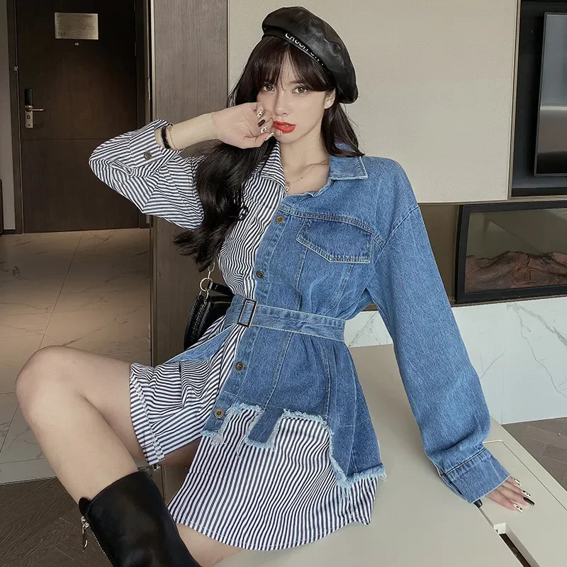 Fashion Design Sense Denim Splicing Shirt Women\'s Blouse Elegant Spring Summer Autumn Long Sleeved Shirt Coat Denim Outerwear