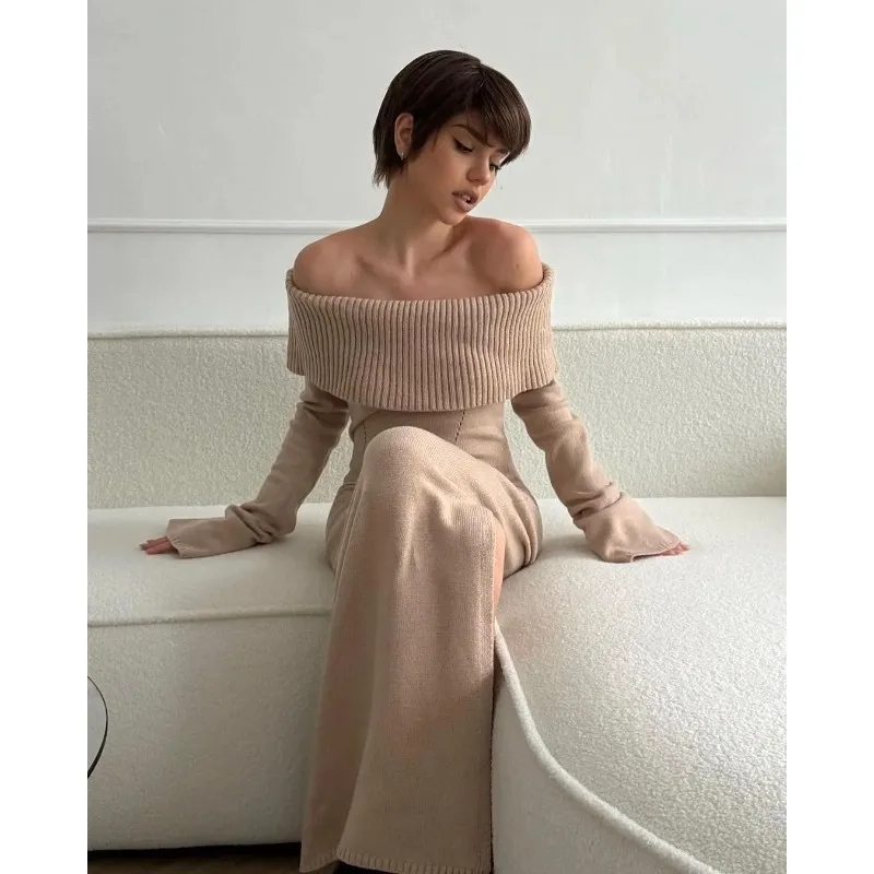 السيدات تريكو فستان ماكسي موضة متماسكة فستان طويل خارج الكتف الإناث مضلع فضفاض عالية الخصر أنيقة الخريف فستان الحفلات #2