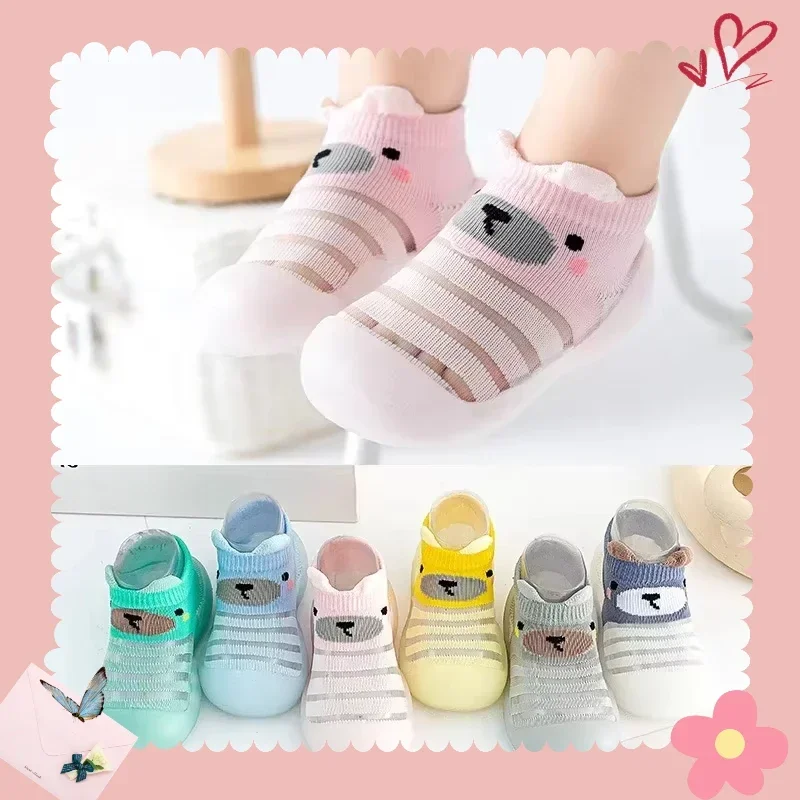 Детская домашняя обувь, дышащие чулки с рисунком медведя, весенне-летняя детская обувь для малышей, нескользящая мягкая подошва