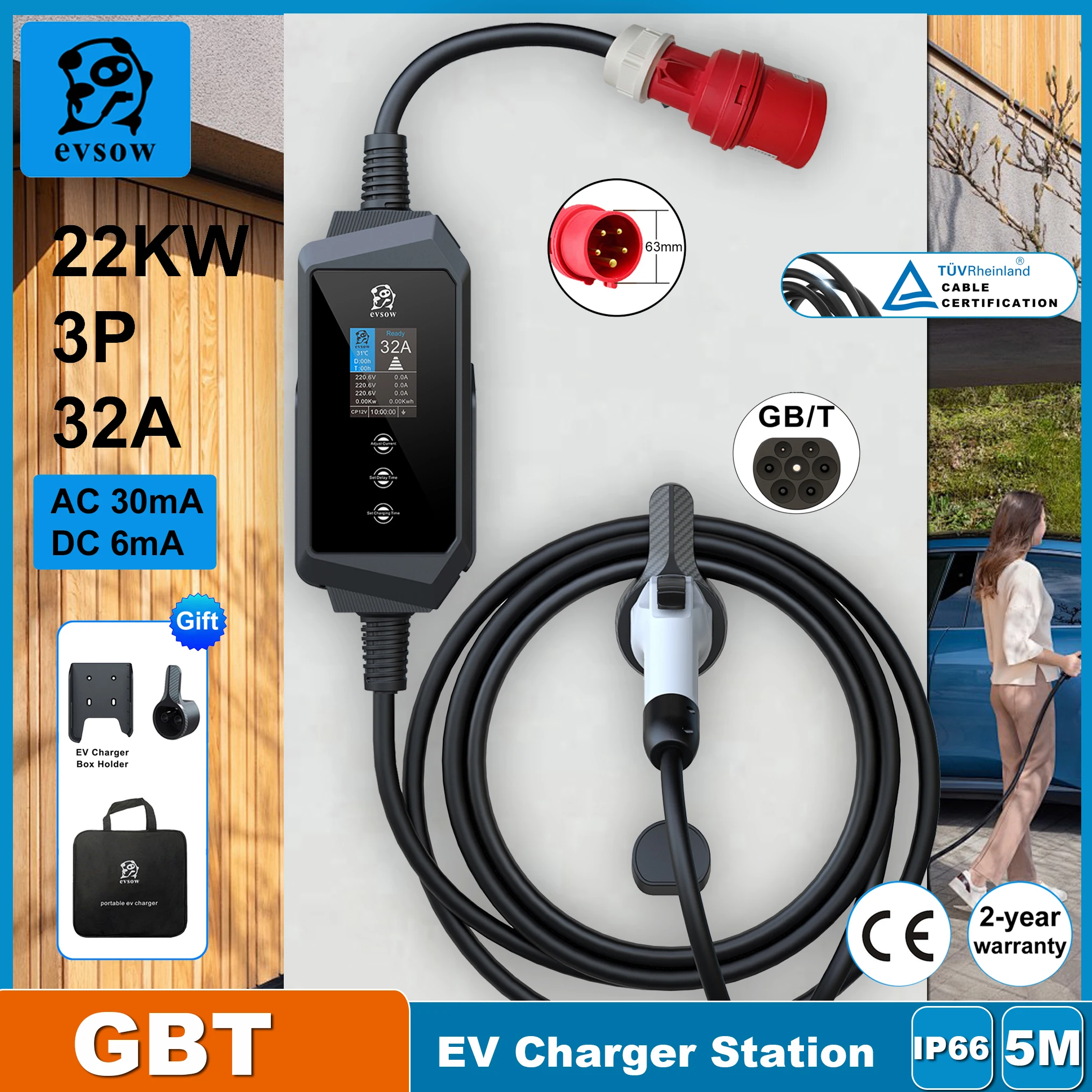 evsow Portable EV Charger GBT EVES Wallbox Station 22KW 32A 3P Electric Car Charger Adjustable Current&Setting Time For Car 5M