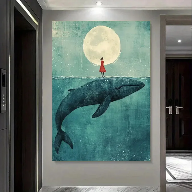Whale and Girl in The Moonlight Poster and Prints Retro Abstract Canvas Painting Wall Art Picture for Living Room Home Decor