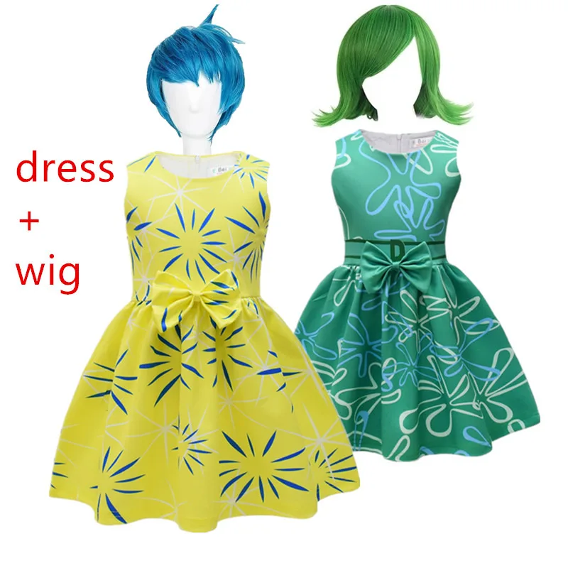 Movie Disgust Joy Cosplay Costume Kids Cartoon Flower Bow Princess Dress+Wig Girls Halloween Carnival Party Dress Up