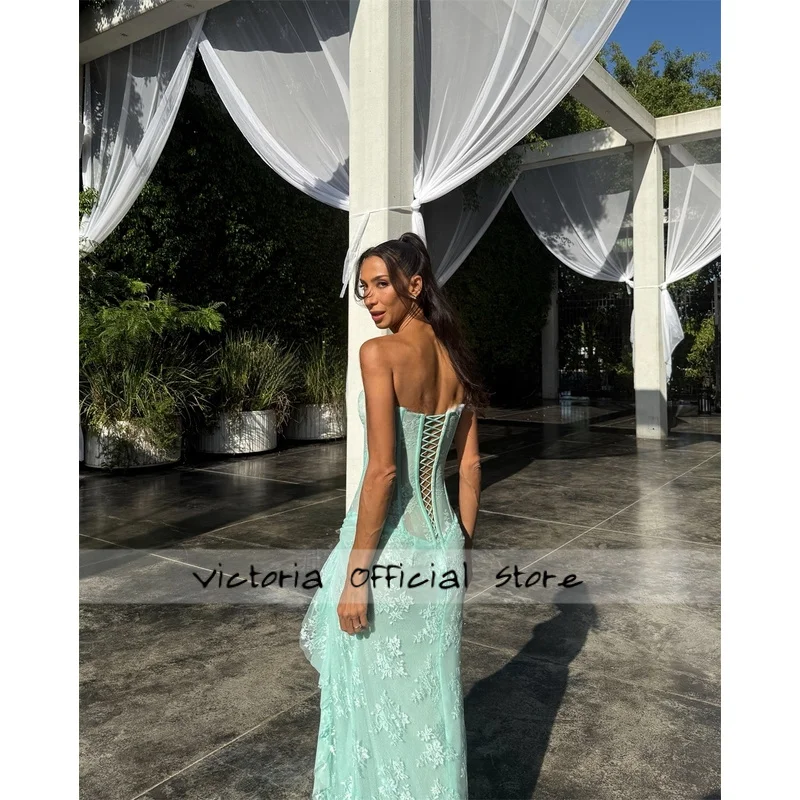 النعناع الأخضر تول قبالة الكتف فساتين لحضور الحفلات الموسيقية مثير عالية سبليت الجلباب دي سواريه الدانتيل الكشكشة حورية البحر فساتين السهرة حسب الطلب #4