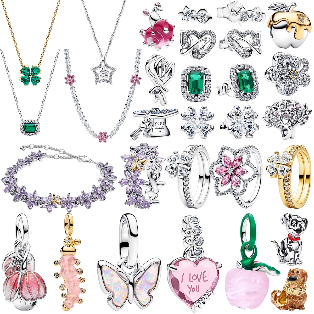 

Ювелирные изделия из серебра S925 с позолотой: кольцо, браслет, ожерелье с подвесками в виде клевера, цветка, бабочки, собачки, яблока, изумруда, фиолетовых и розовых шармов, инкрустированных камнями. Подарок.