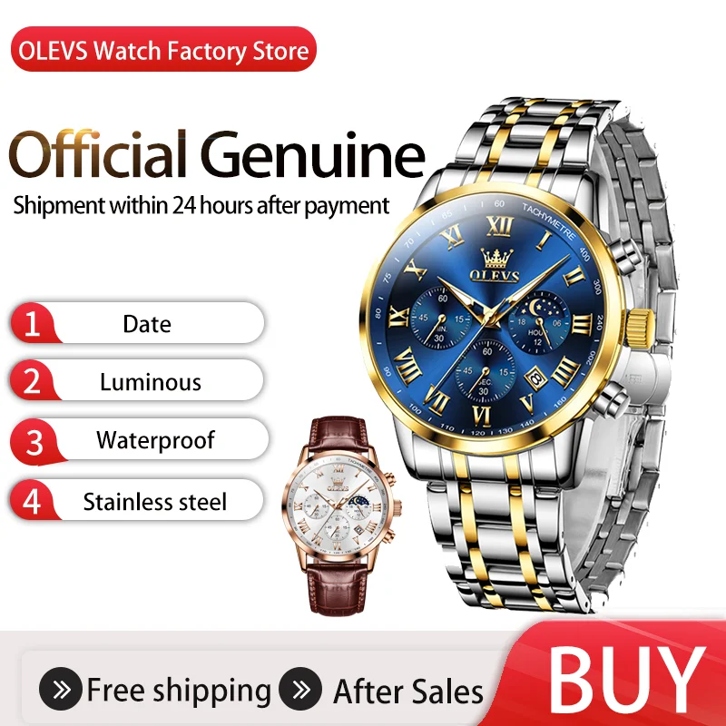 

olevs часы мужские оригинальные водонепроницаемые reloj hombre Moon Phase хронометр календарь мужские наручные часы из нержавеющей стали светящиеся