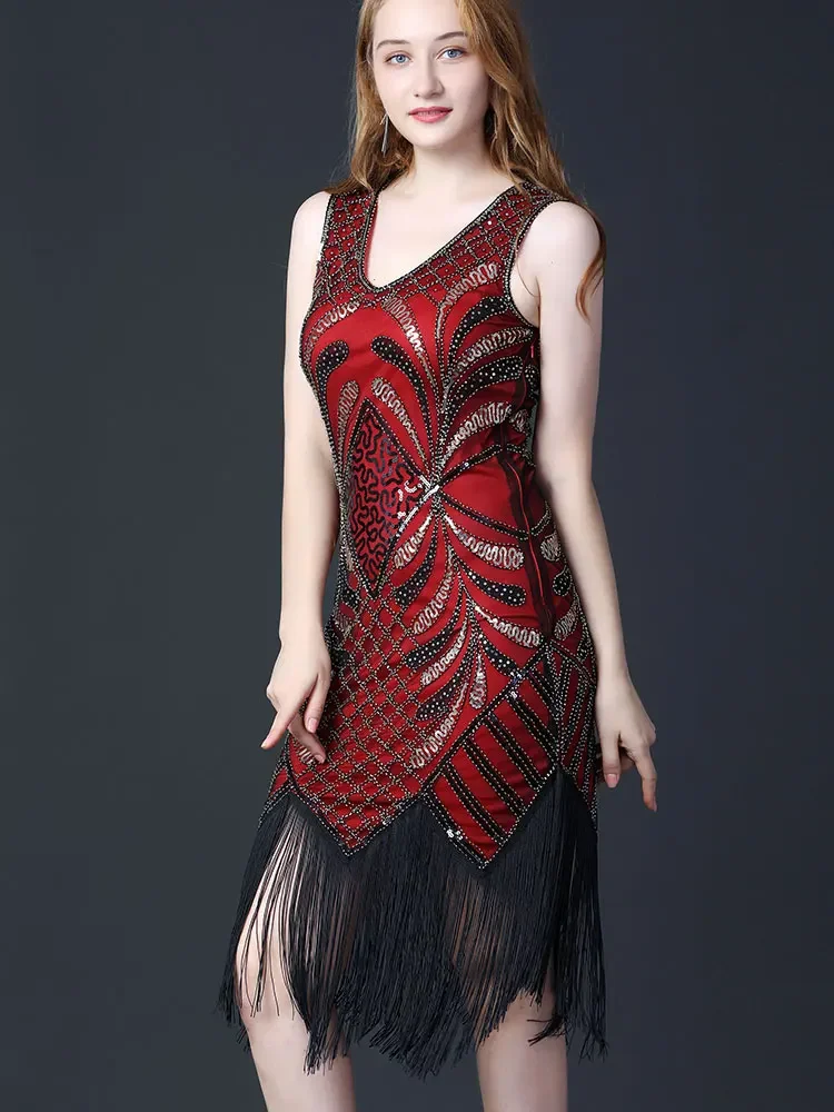 Women V-Neck Sleeveless Latin Dress Evening Party Costumes for Women 1920s Sequin Beaded Latin Costume  Stage Dance Costume