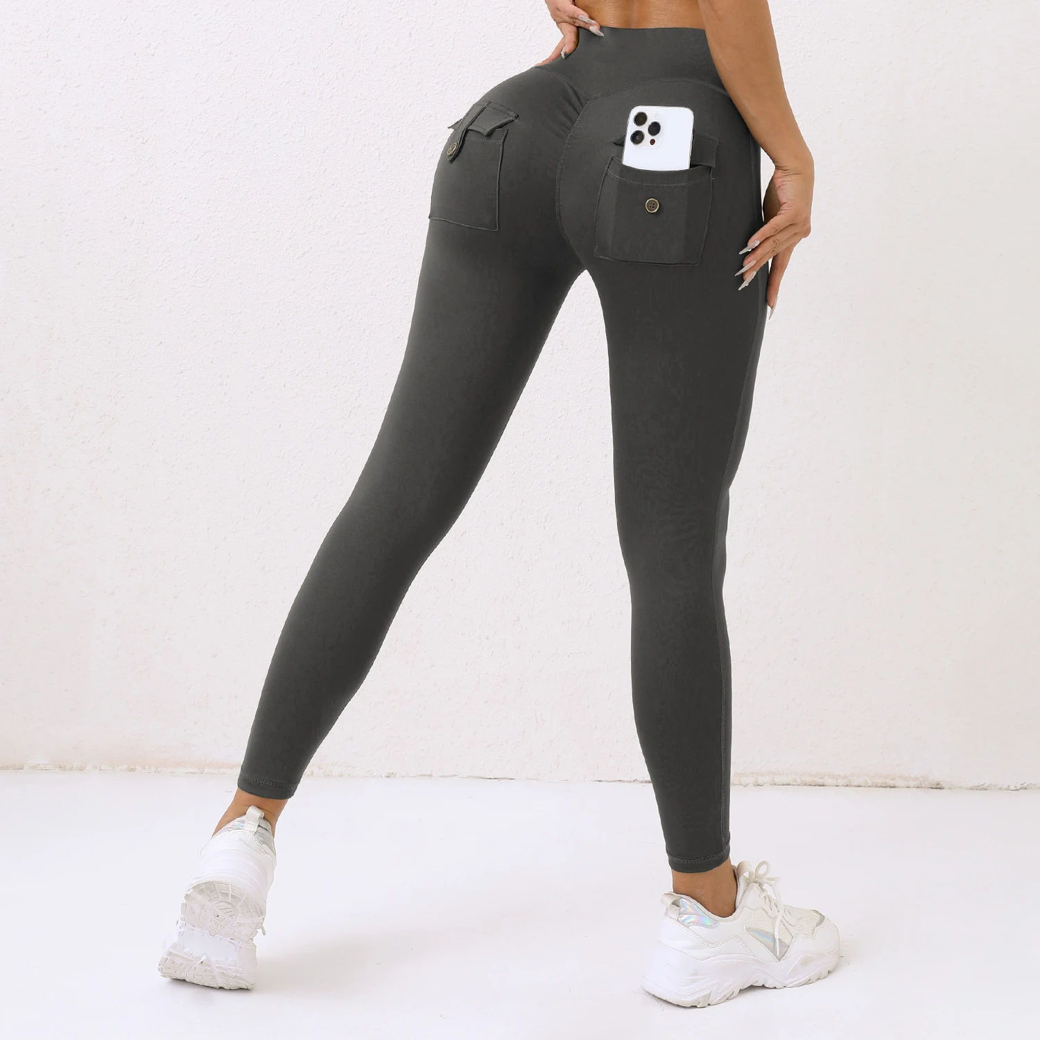 CHRLEISURE Back Double Pocket Yoga Pants Sexy Hip Lift Sports Legging High Waist Ruched Tights Casual Slim Legging Activewear