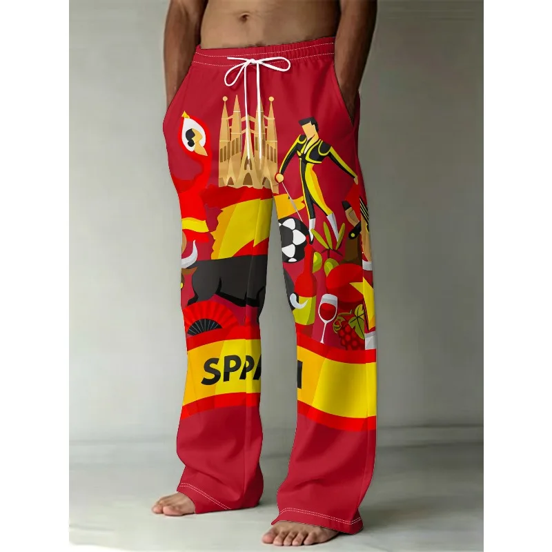 

2026 Summer Hot Selling Spanish Style Casual Loose Printed Red Pants for Adults and Children Plus Size Quick Drying Sports Pants