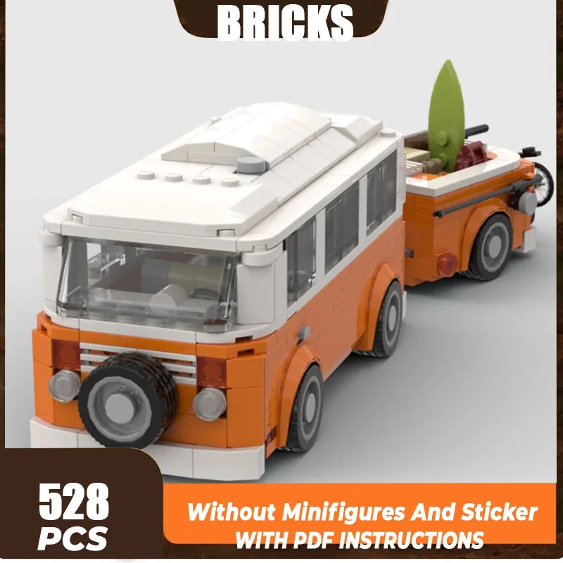 Moc tijolos de construção cidade carro modelo t2 campervan com tecnologia reboque blocos modulares presentes brinquedos para crianças conjuntos diy montagem