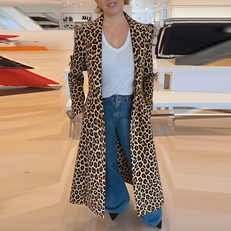 

High Street Тренч с длинными рукавами и леопардовым принтом, модная тонкая куртка с лацканами, осенняя новая женская верхняя одежда с карманами для отдыха