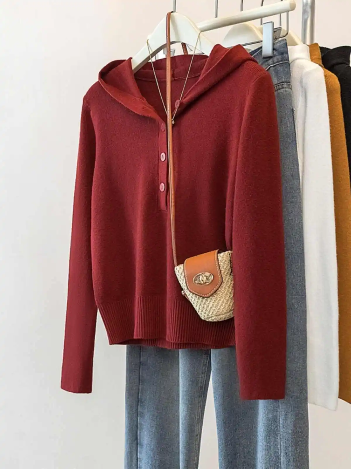 Vintage Red Hooded Sweater Women Spring/Autumn New Half Open Collar Slim Short Knitted Hoodies Gentle Elegant Knitwear Tops