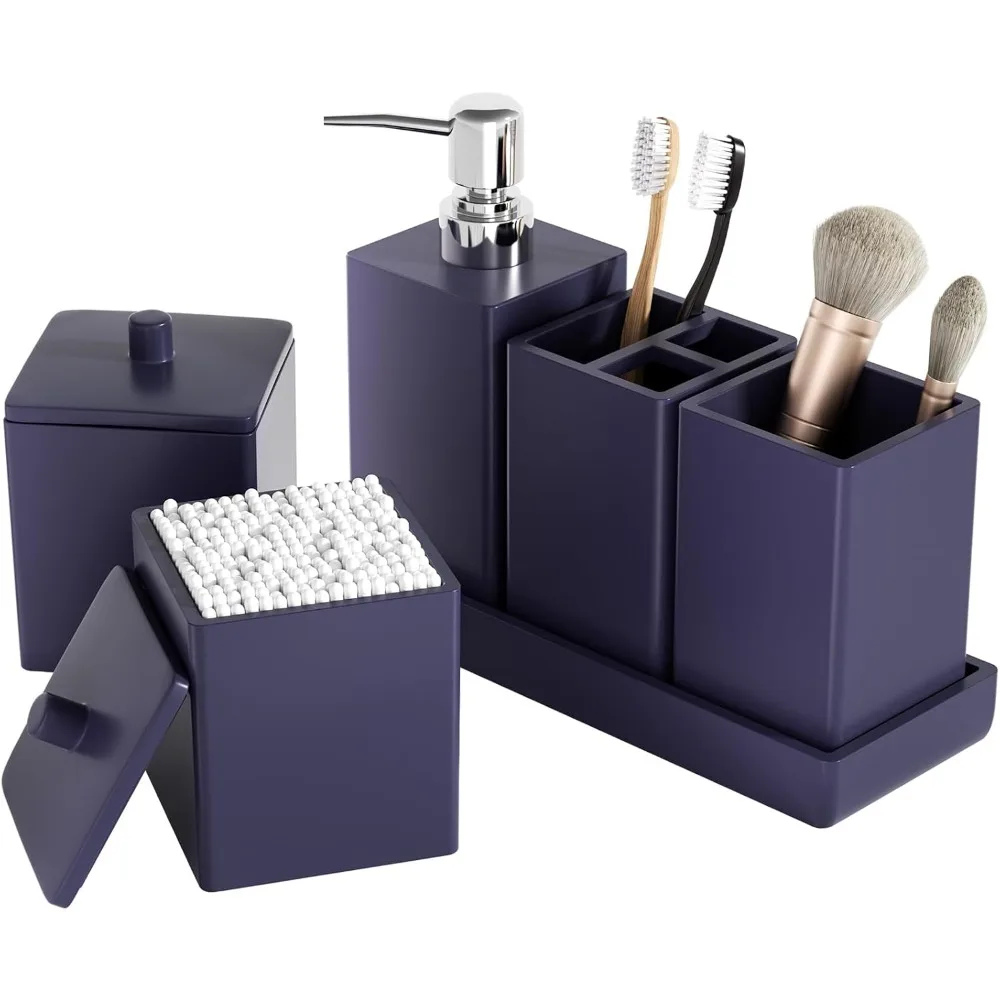 

Navy Blue Bathroom Accessories Set Resin 6PCS, Square Toothbrush Holders Set Complete with Soap Dispenser, Vanity Tray,