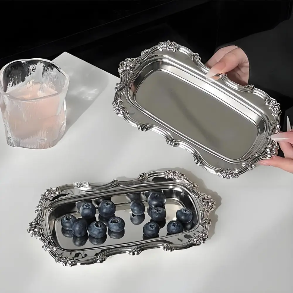 Vintage Stainless Steel Tray Embossed Dessert Plate Mirror Face Jewelry Storage Plate Home Decoration