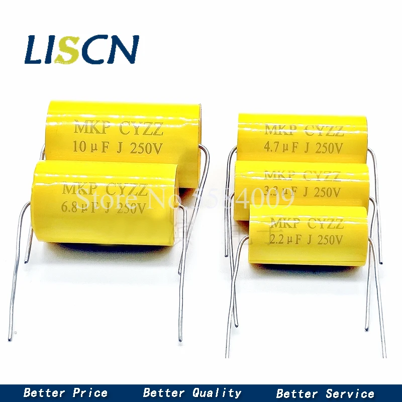 2pcs MKP yellow round axial 250v1/2.2/3.3/4.7/6.8/10uf electrodeless tweeter through capacitor