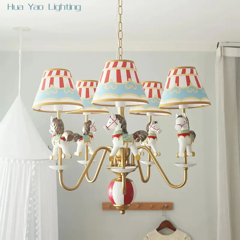 Carousel Chandelier Children'S Room Bedroom Led Boy Girl Lamp Christmas Deer, Unicorn Playground Horse