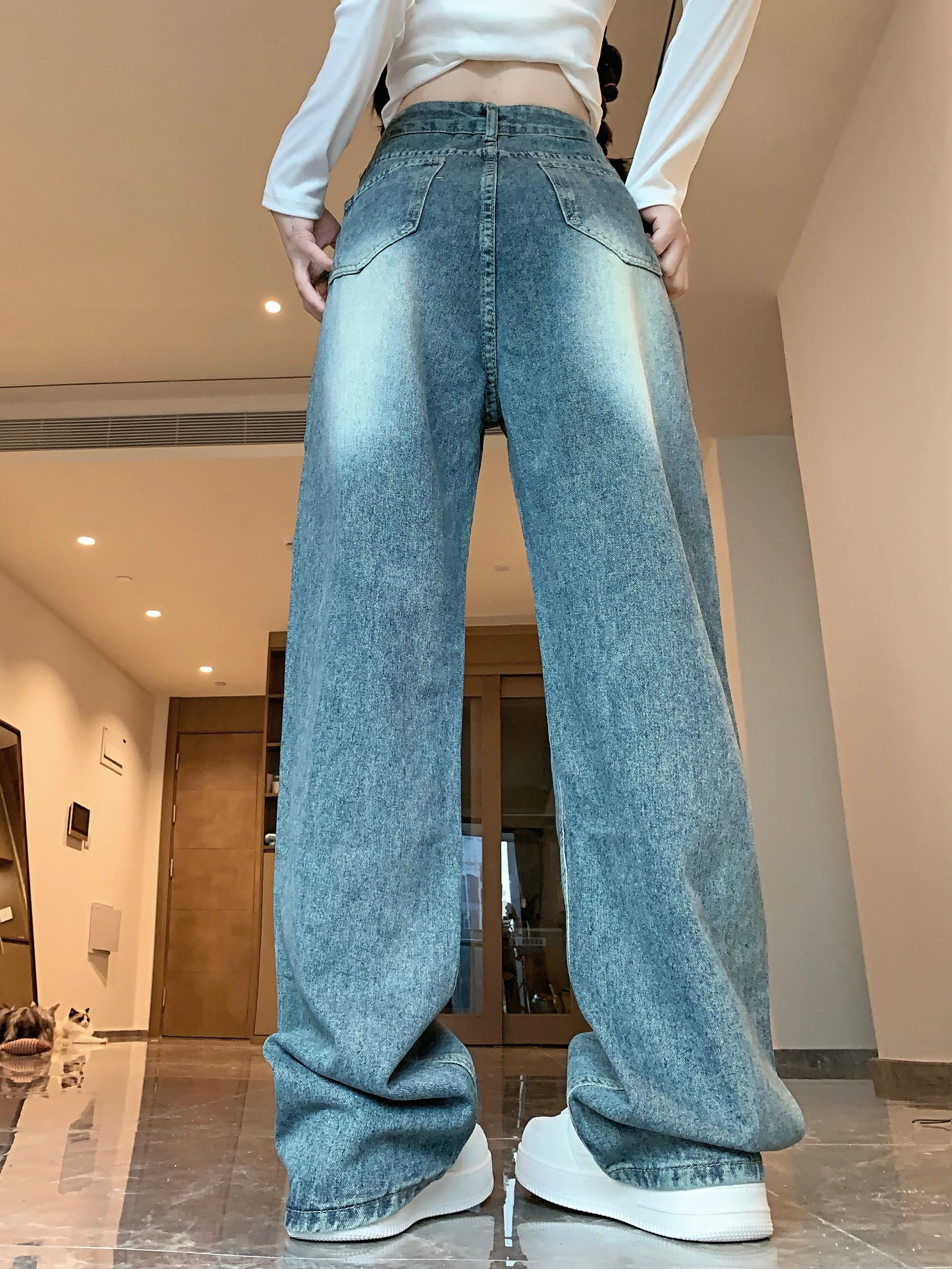 워싱 레트로 스트레이트 와이드 레그 진 신상 여성용 루즈핏 브러쉬드 스트레이트 팬츠