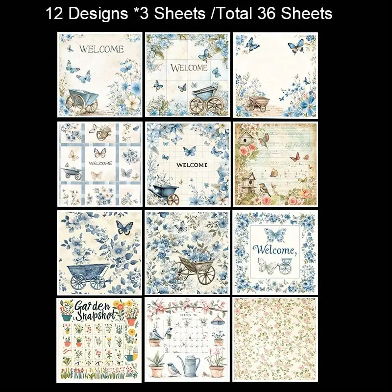 36 ورقة ألوان مائية زرقاء حديقة قصاصات ورقية حزمة ، القرطاسية خمر الفن الحرفية نمط سكرابوكينغ ورقة لمجلة غير المرغوب فيه