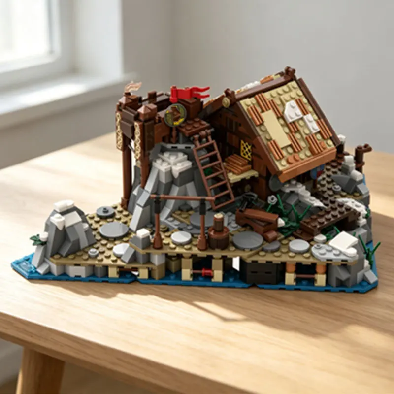 MOC883PCS Viking Village: Castle and Seaside Cottage Expansion Small-Particle Interlocking Brick Construction Model Toy