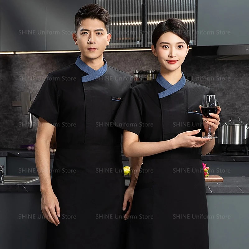 Restaurant veste à manches courtes été hommes noir Chef uniforme tablier vêtements de travail Logo Chef Shorts respirant Chef manteau cuisine