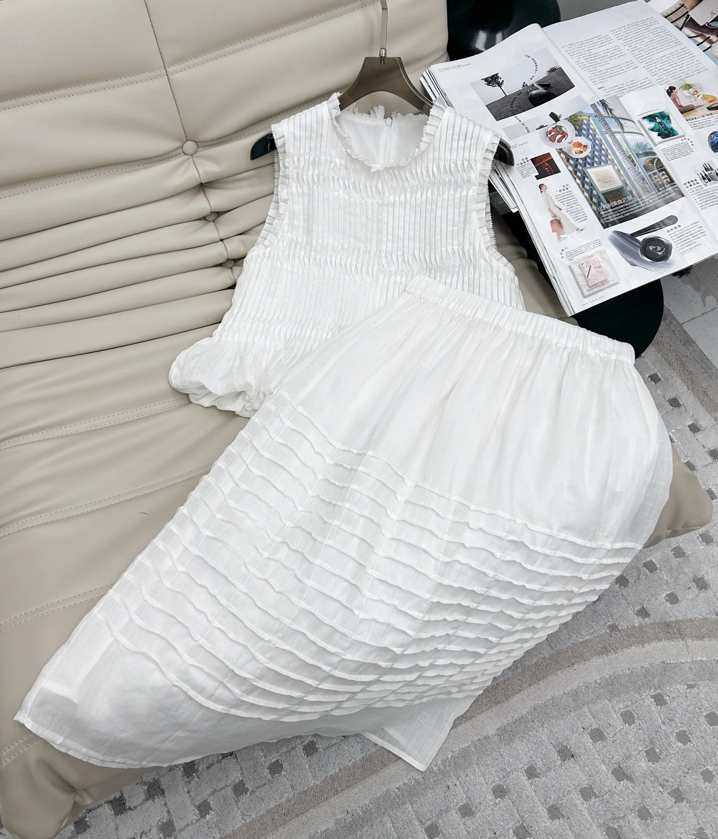 Picture 3: Women's Structured 3D Pleats Cotton Linen Set Baby Doll Lace Vest & Draped Slim Skirt Cottagecore Boho Layered Aesthetics