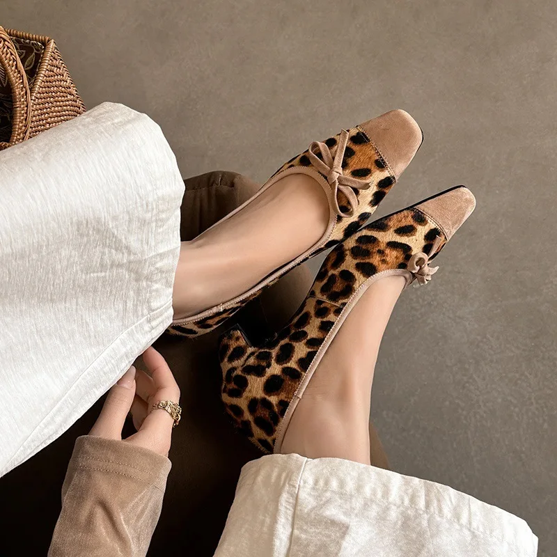

Arden Furtado 2025 Spring leopard print Mary Jane shoes square toe bowknot Pull-on Middle heel Pumps horsehair Single shoe