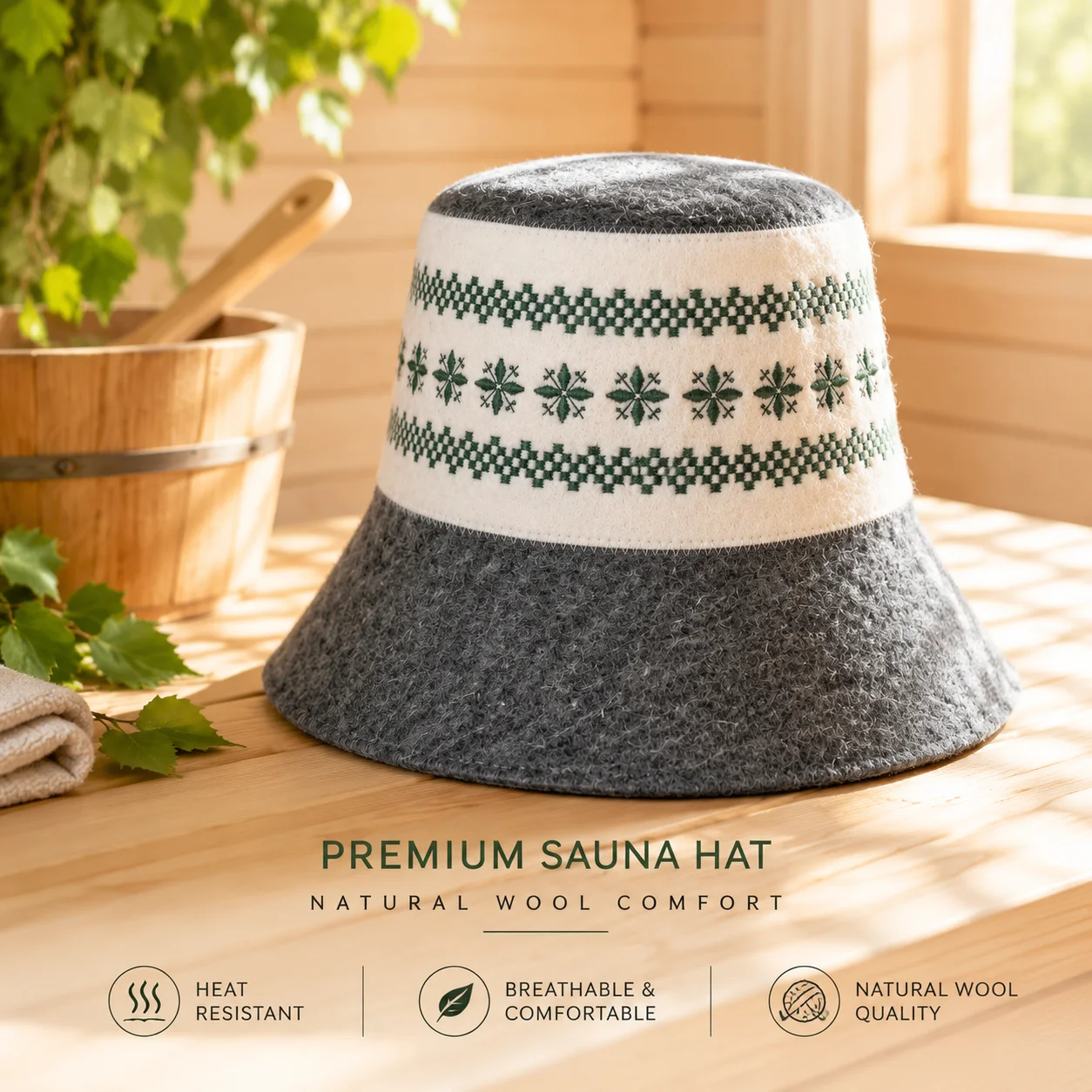 Spa Wellness Design - หมวกซาวน่าผ้าขนสัตว์หนา 3 มม. ลายสไตล์นอร์ดิก ป้องกันความร้อน สำหรับผู้ชาย