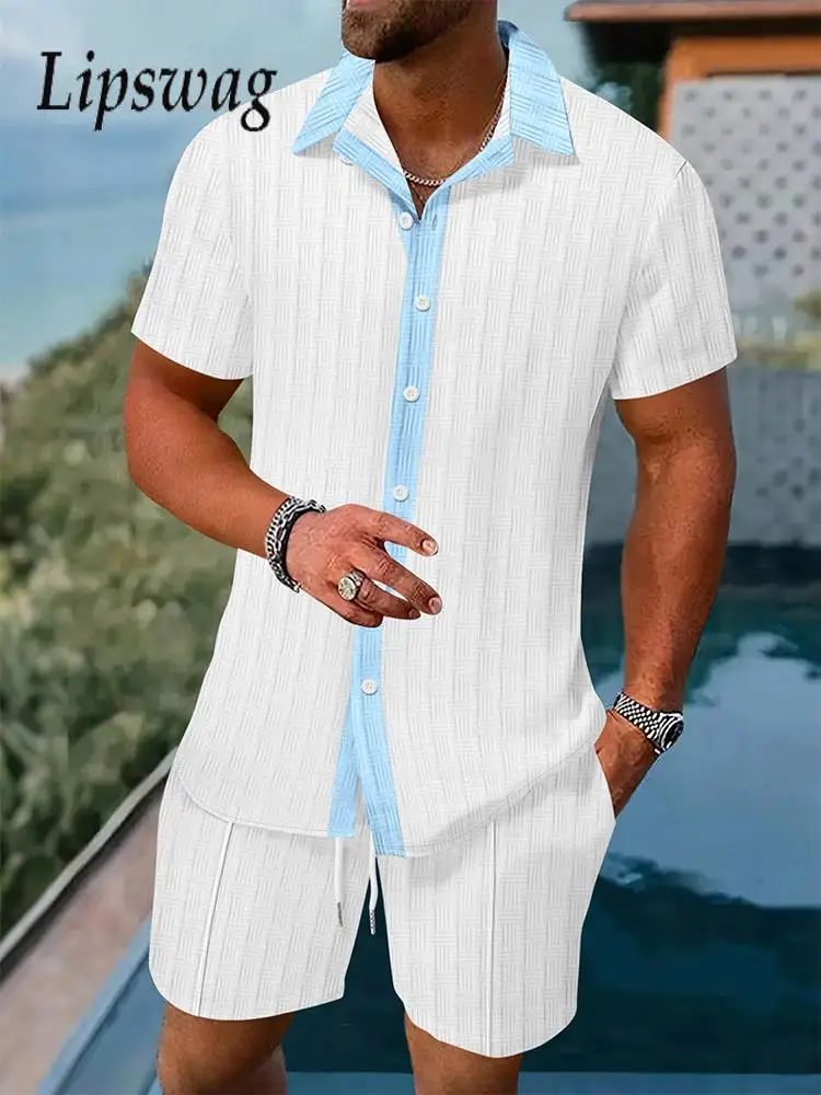 

For Mens Vacation Leisure Short Sleeve Patchwork Shirt And Shorts Outfits Men Suits Summer Daily Casual Texture Two Piece Sets