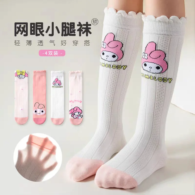 

4 pairs Sanrio My Melody Hello Kitty Socks Children Calf Socks Cartoon Cotton Girls Bow Spring Thin Stockings Girls Kids Gifts