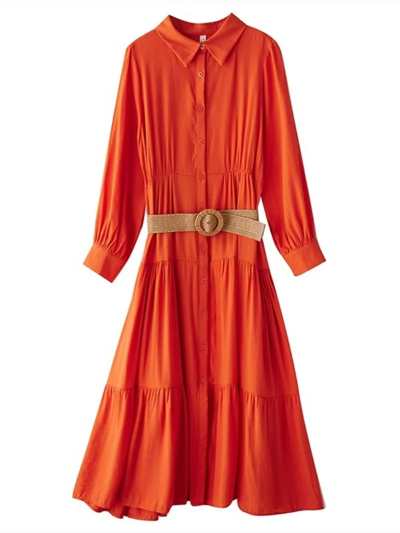 2025 herbst Lose Große Größe frauen Kleidung Einfarbig Plissee Spleißen Medium Lange Mode Lässig Temperament Kleid W840 ﻿