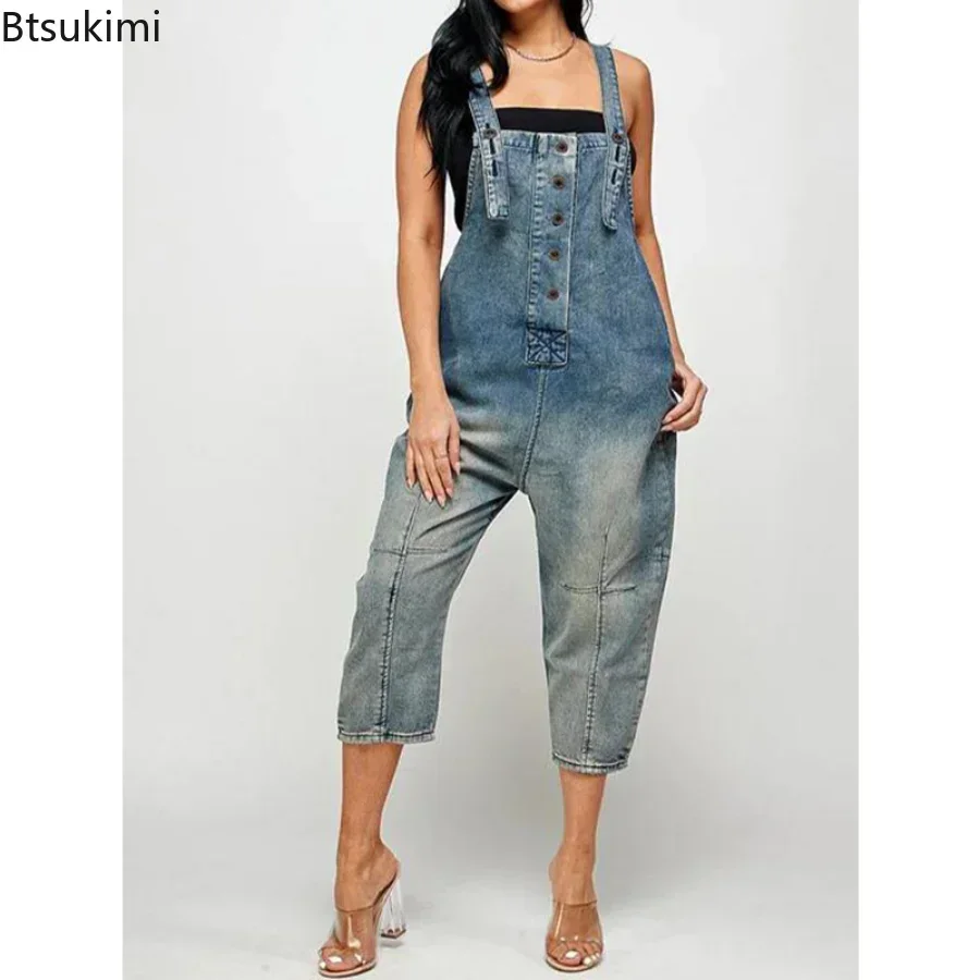 Новинка 2025, женский модный джинсовый комбинезон, свободный комбинезон с широкими штанинами и карманами на пуговицах, тонкий женский комбинезон с высокой талией на подтяжках