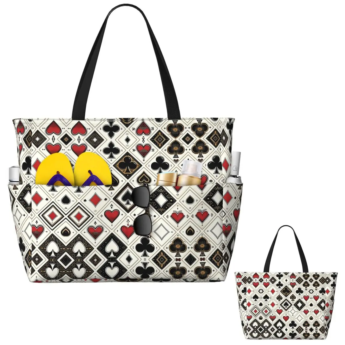

Casino Playing Card Symbols Diamond Heart Spade Clubs Beach Tote Bag Sport Gym Yoga Large Tote Bag Women Travel Bag Fitness bag